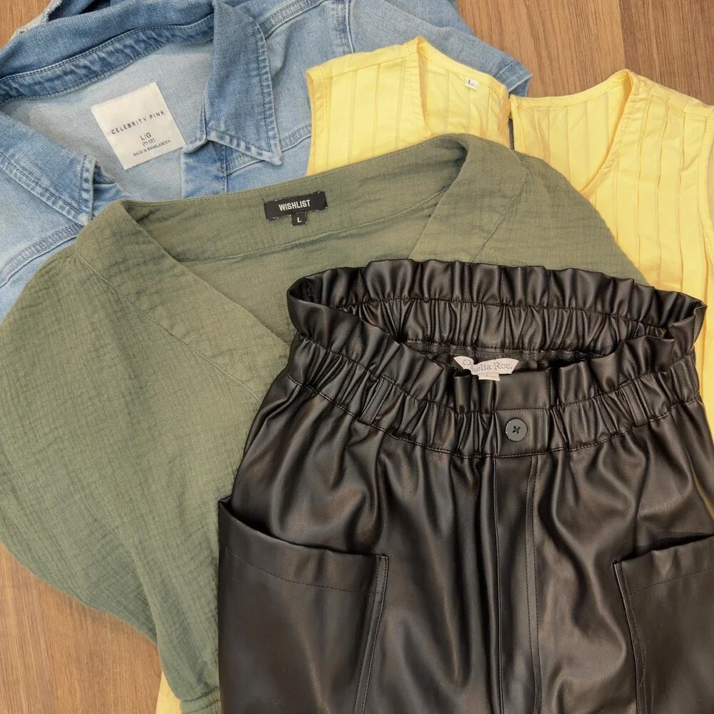 Women's Size Large Clothing Bundle Faux Leather Pants‎ Rompers Top 4 Piece Lot